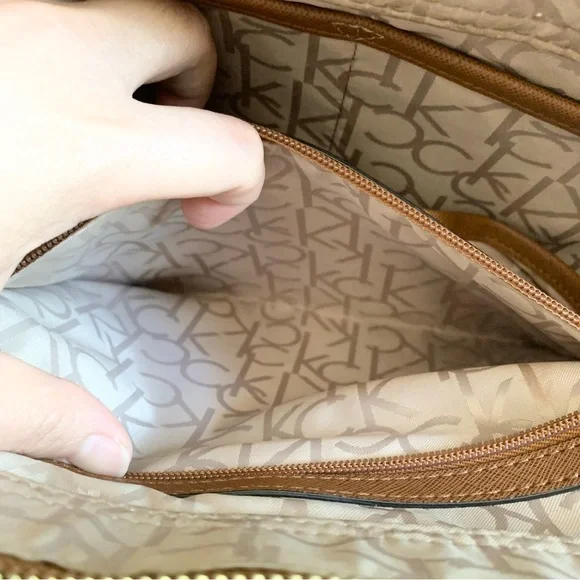 Calvin Klein Monogram Brown Floral Leather Chain Tote Bag - Picture 7 of 12